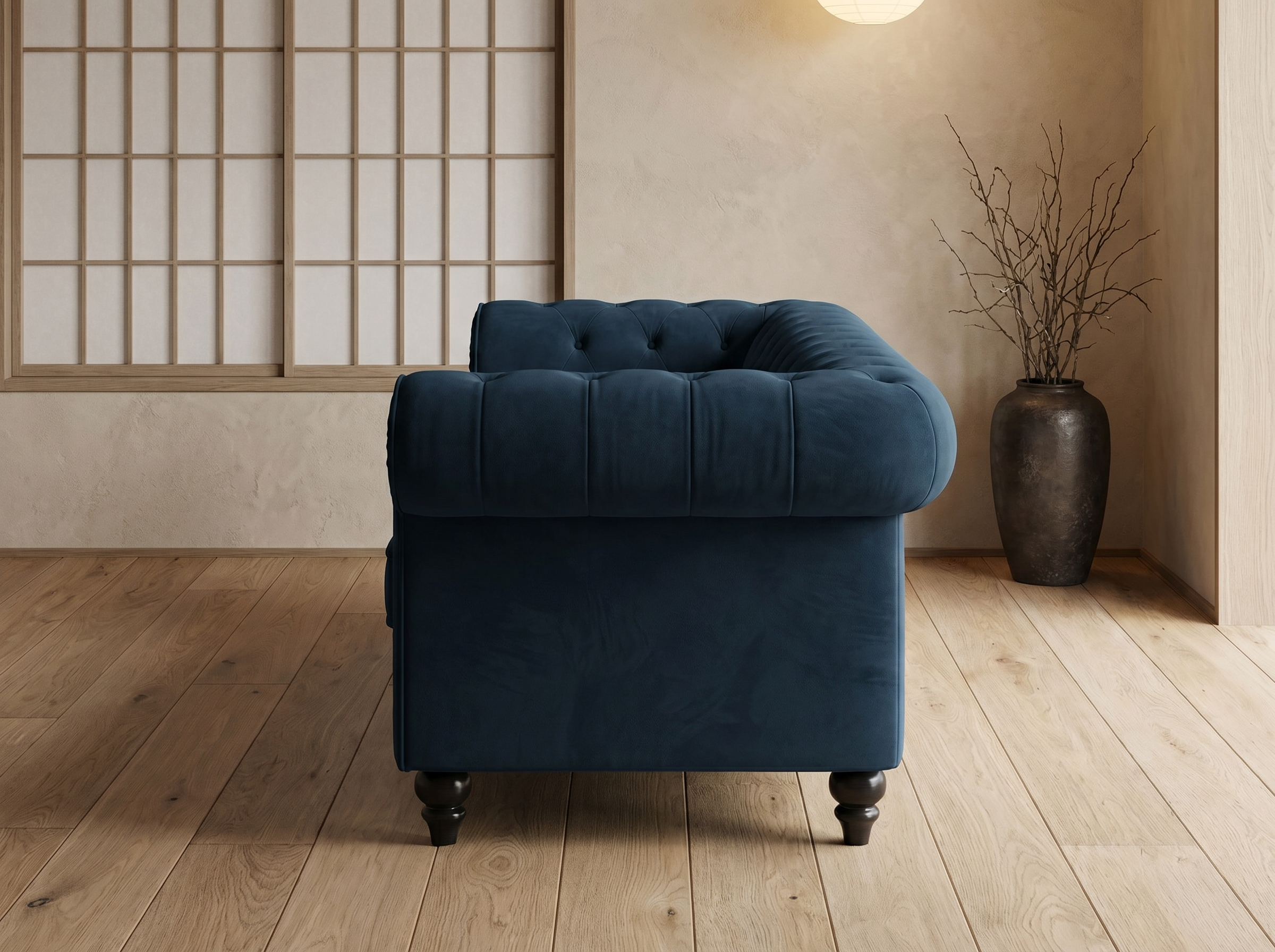 Vue d'ensemble du canapé chesterfield ALTESSE 2 places bleu nuit