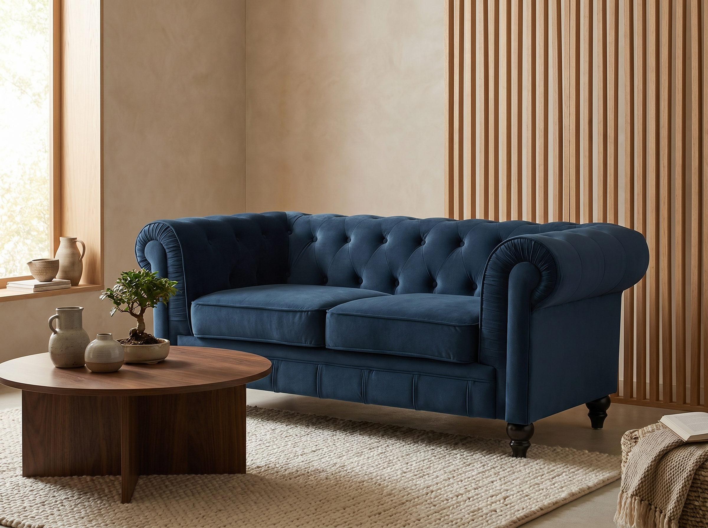Capitonnage du canapé chesterfield ALTESSE 2 places velours bleu nuit