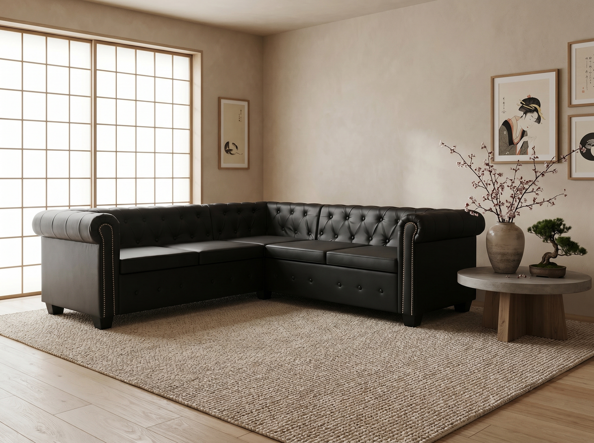 Vue d'ensemble du canapé d'angle chesterfield ROCHAMBEAU 5 places noir