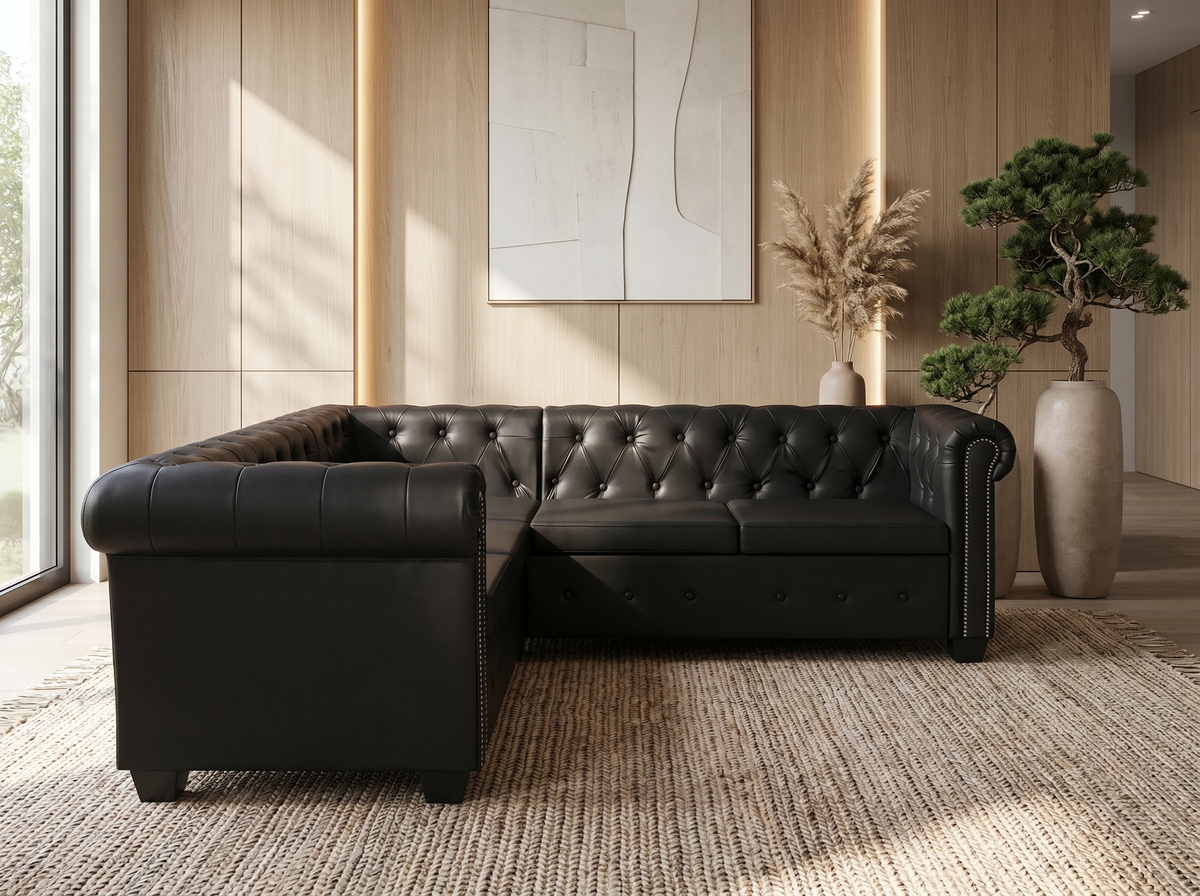 Canapé d'angle chesterfield ROCHAMBEAU noir vu de côté