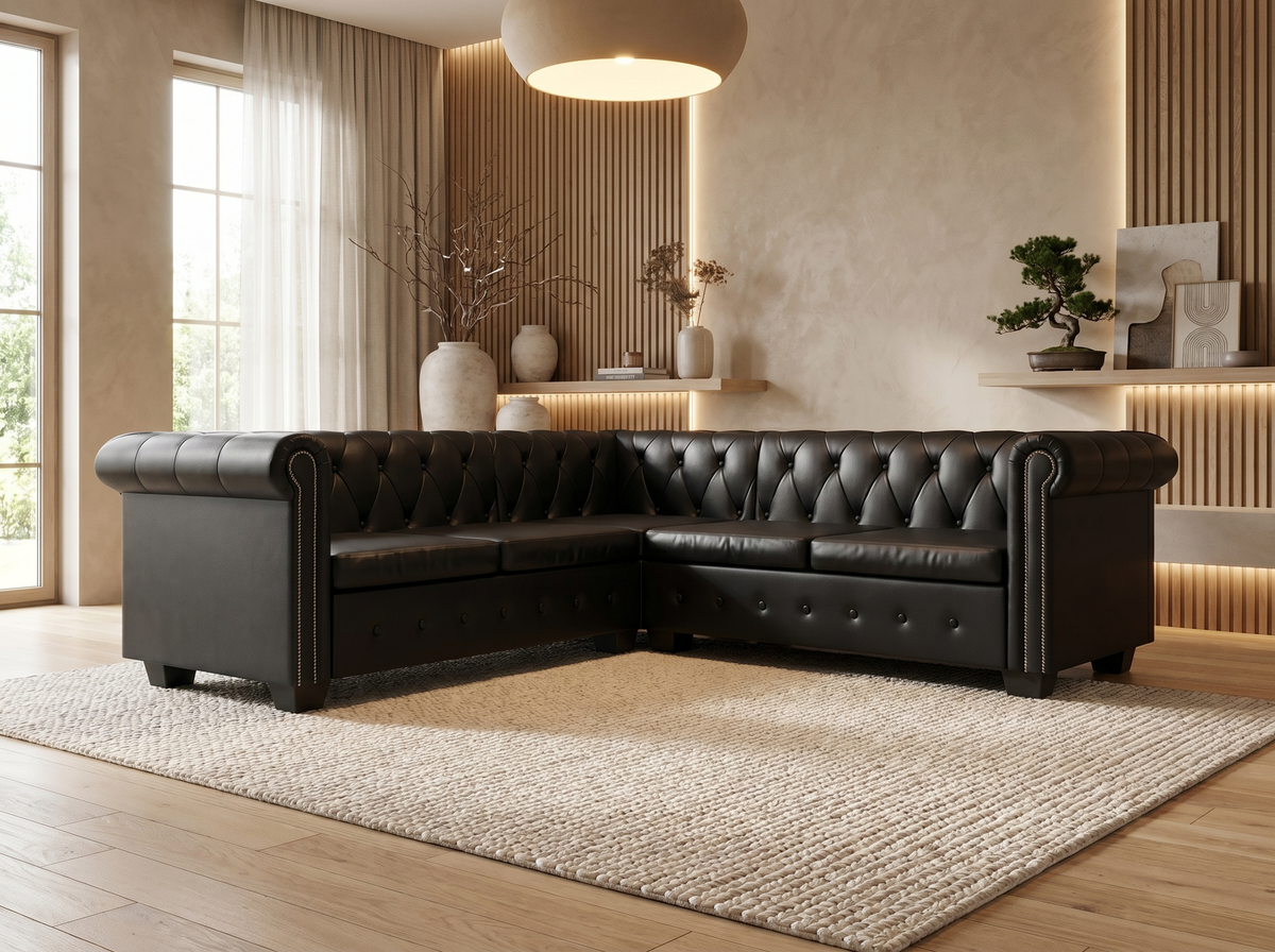 Canapé d'angle chesterfield 5 places en simili cuir noir - ROCHAMBEAU