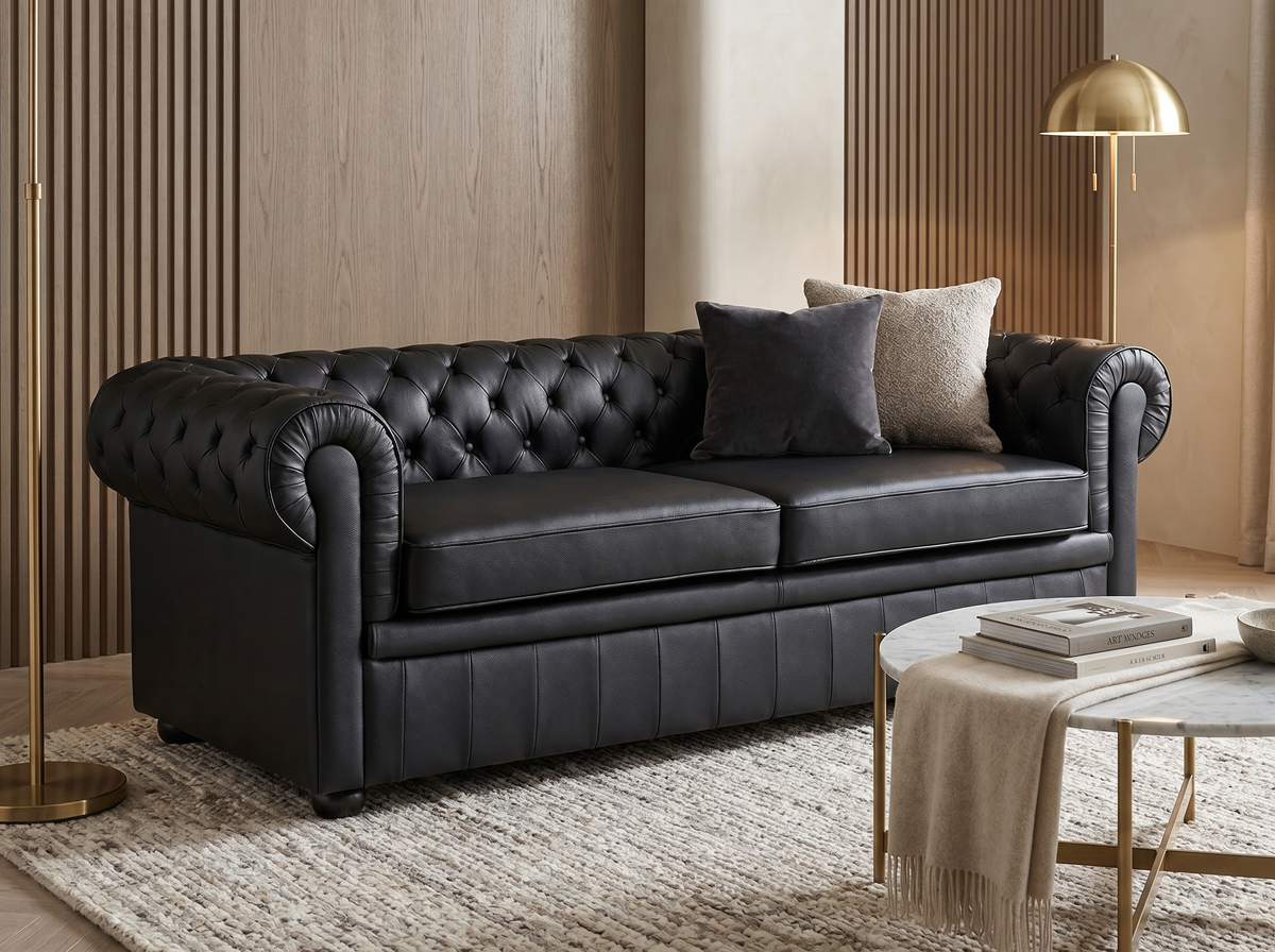 Capitonnage et accoudoirs arrondis du canapé chesterfield DOVER noir