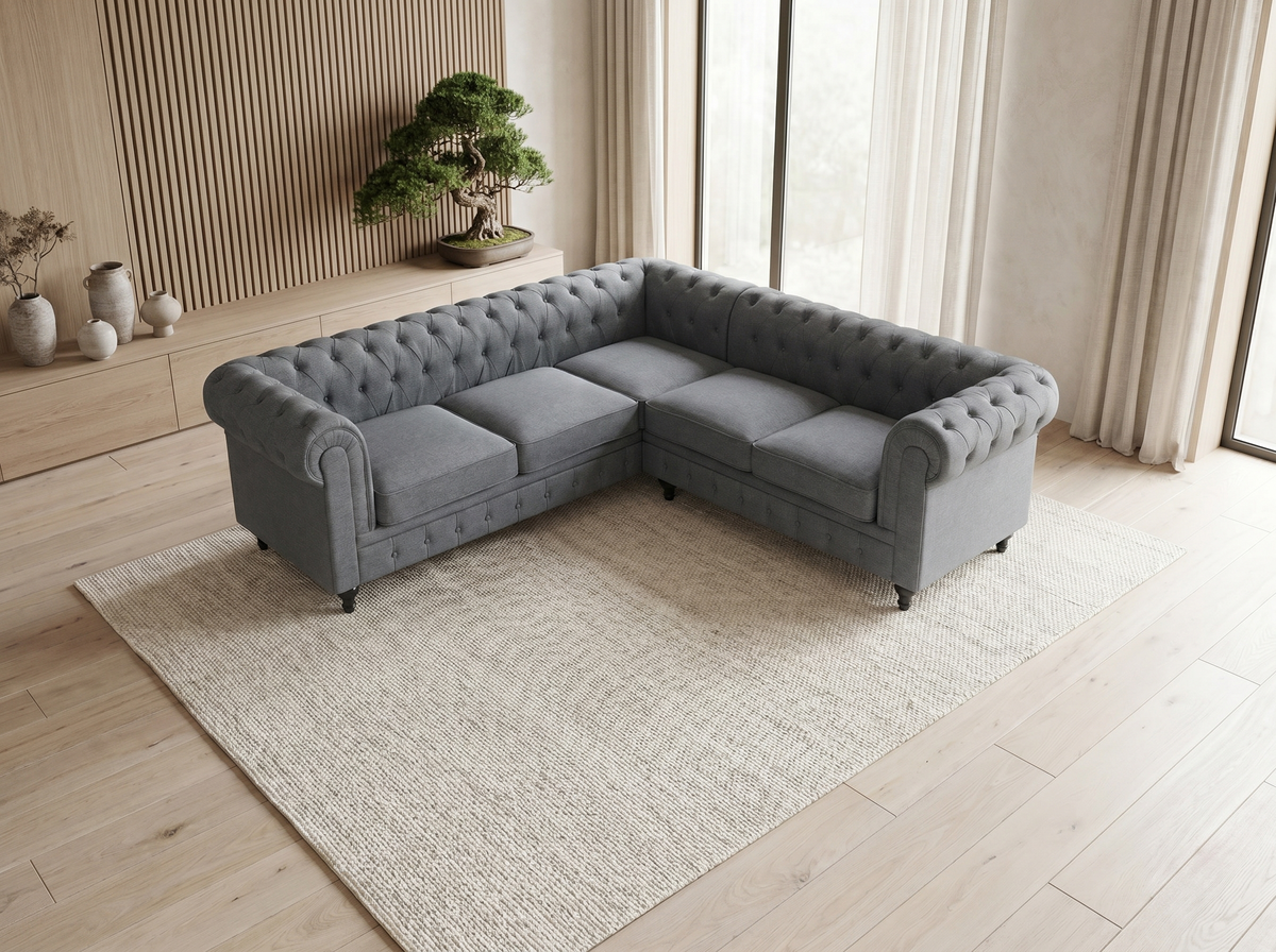 Capitonnage boutonné du canapé d'angle chesterfield ELGIN gris