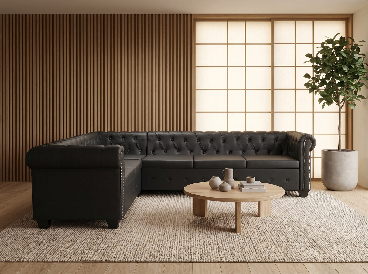 Détail du revêtement doux du canapé chesterfield HAMPTON