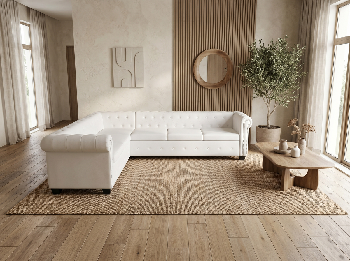 Capitonnage et clous décoratifs du canapé d'angle chesterfield JASPER blanc