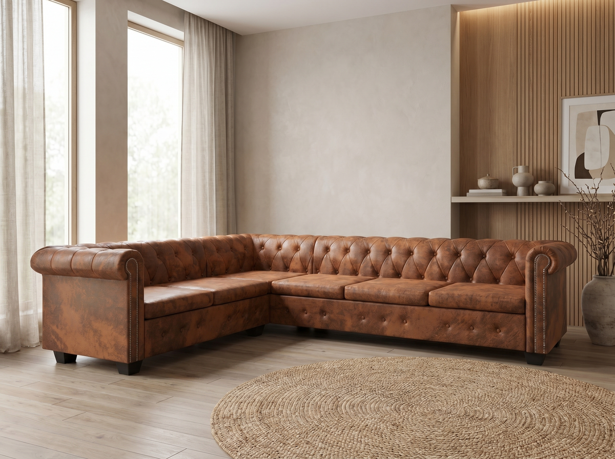 Capitonnage du canapé d'angle chesterfield KENDAL simili vieilli marron