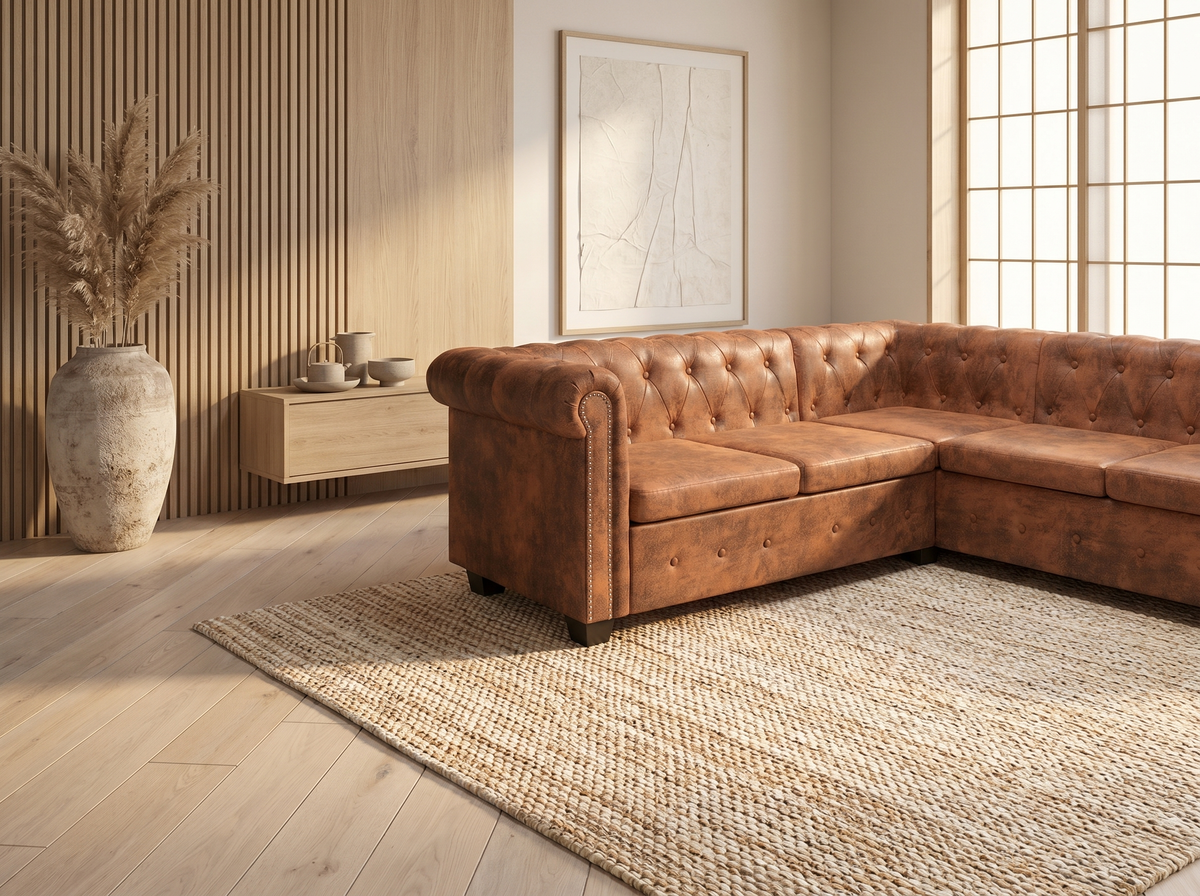 Vue d'ensemble du canapé d'angle chesterfield KENDAL marron