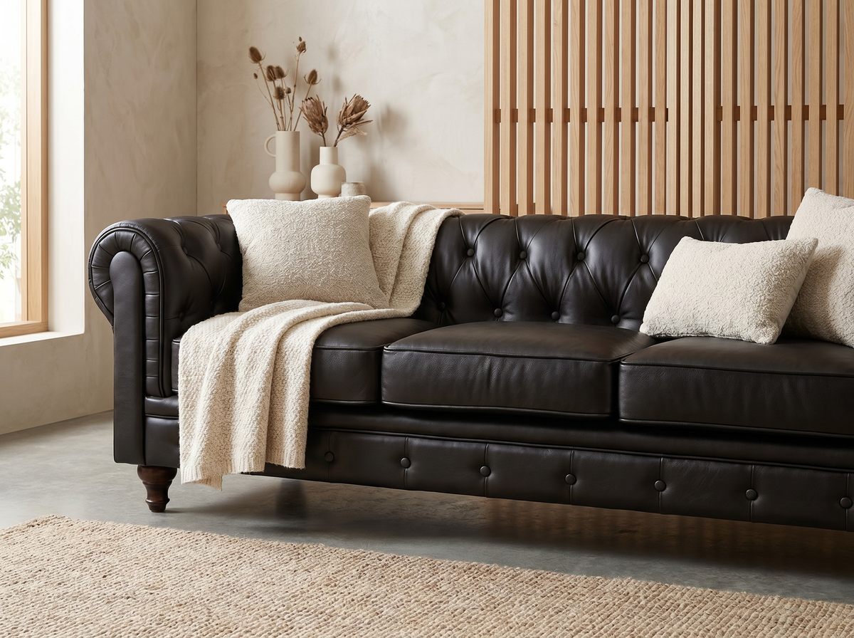 Capitonnage boutonné du canapé chesterfield ALIZA 3 places en tissu marron