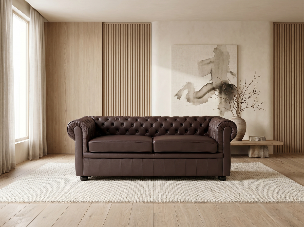 Vue d'ensemble du canapé chesterfield LEICESTER 3 places en cuir marron