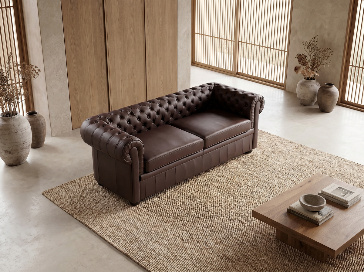 Capitonnage du canapé chesterfield LEICESTER 3 places en cuir marron