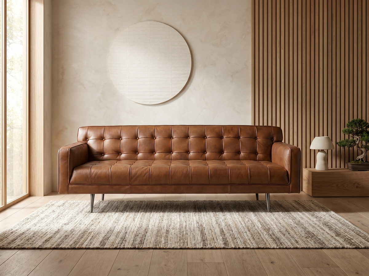 Détail du cuir marron foncé du canapé chesterfield ANGEL CERDA