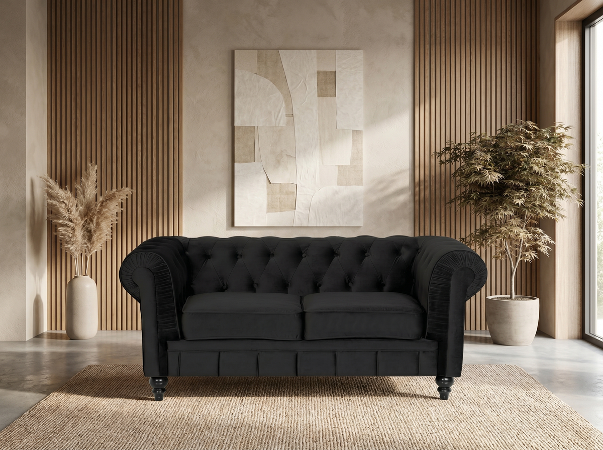 Vue d'ensemble du canapé chesterfield ALTESSE 2 places en velours noir