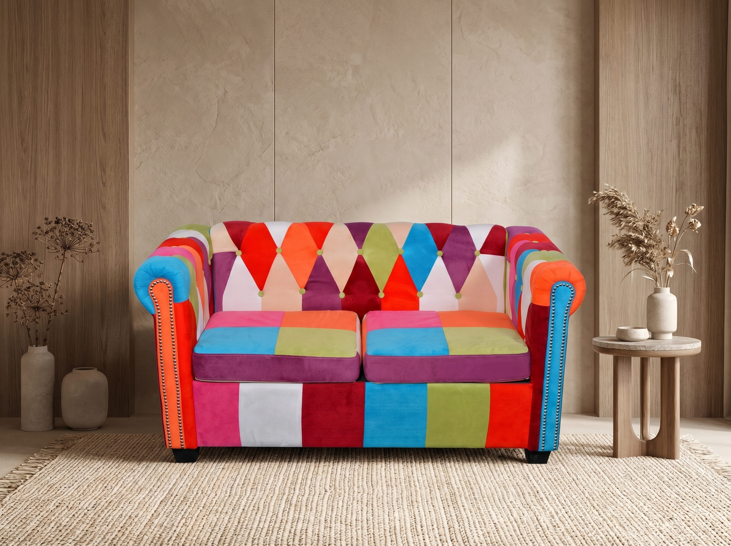 Vue d'ensemble du canapé chesterfield OXFORD 2 places en tissu multicolore