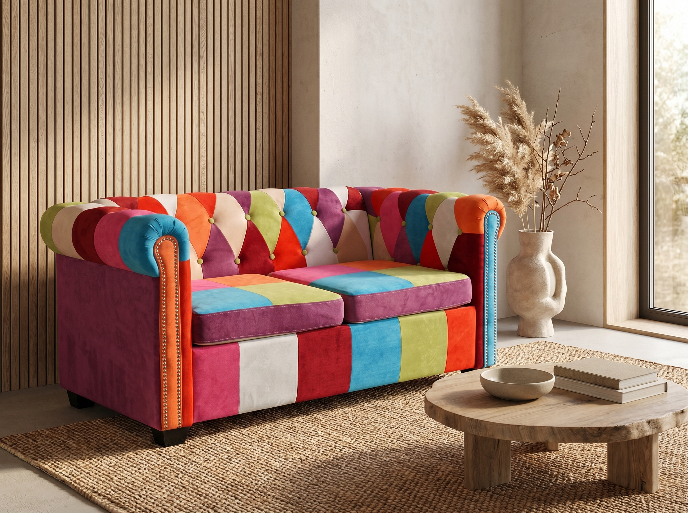 Capitonnage du canapé chesterfield OXFORD 2 places en tissu multicolore