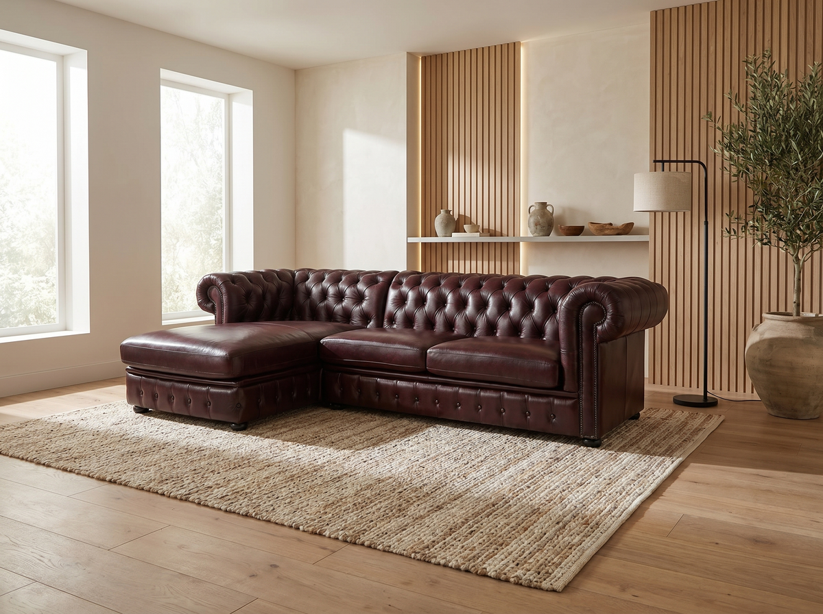 Vue d'ensemble du canapé d'angle gauche chesterfield BRENTON 5 places