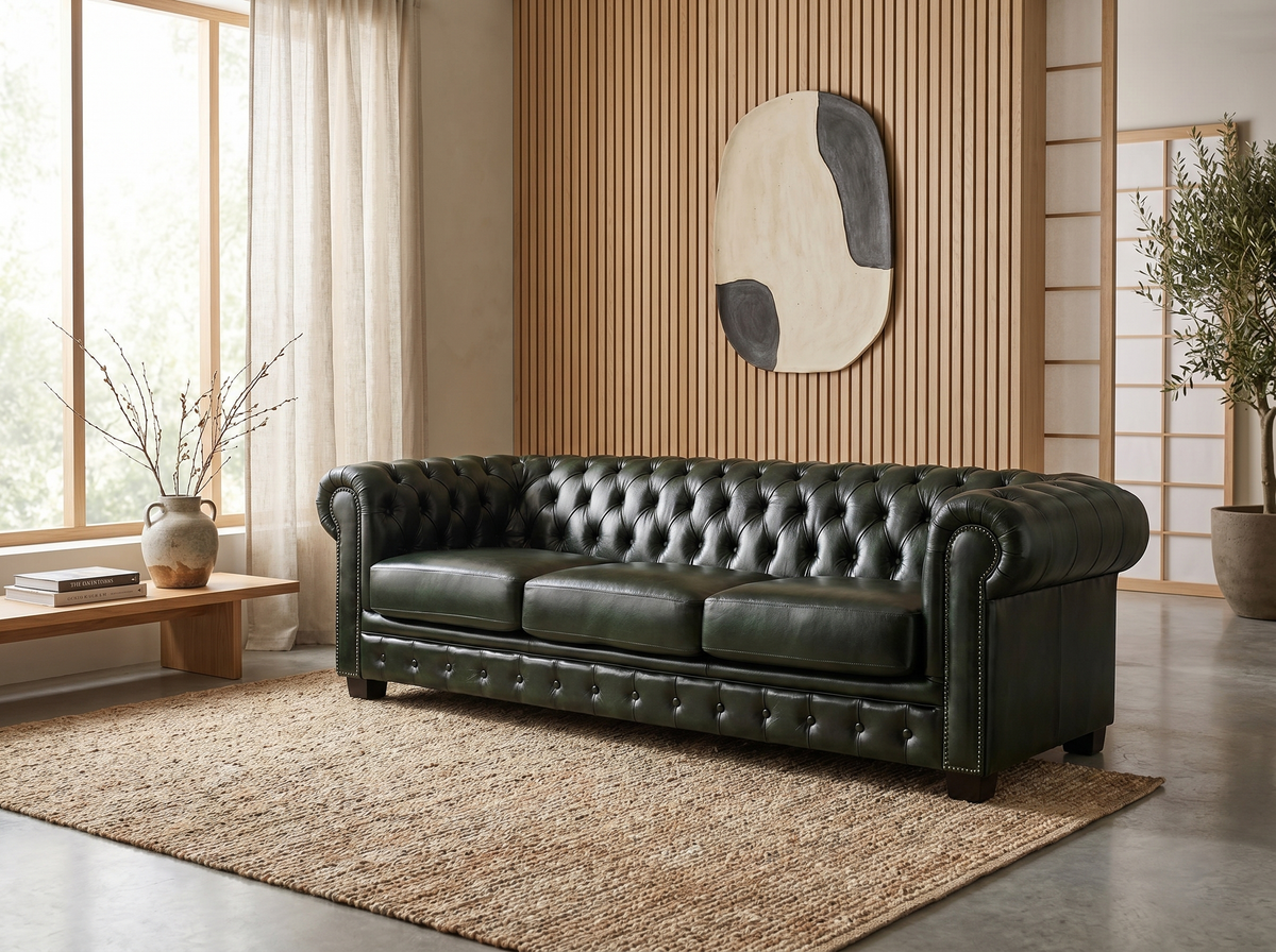 Capitonnage boutonné du canapé chesterfield BRENTON en cuir vert sapin