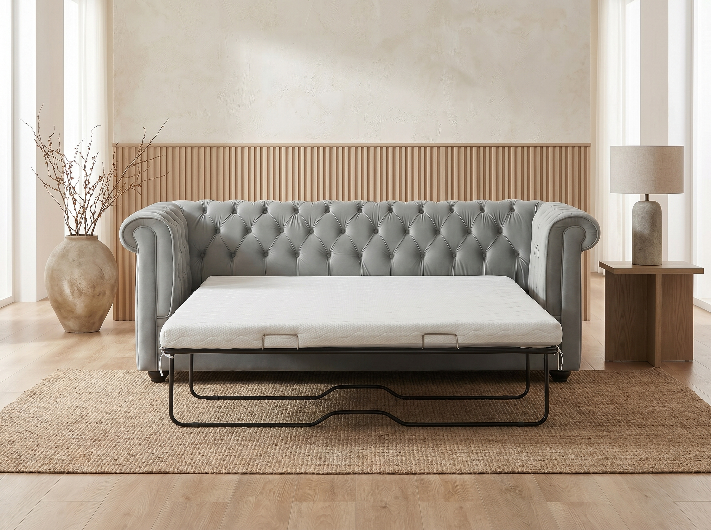 Vue d'ensemble du canapé chesterfield convertible WINSTON 3 places gris clair