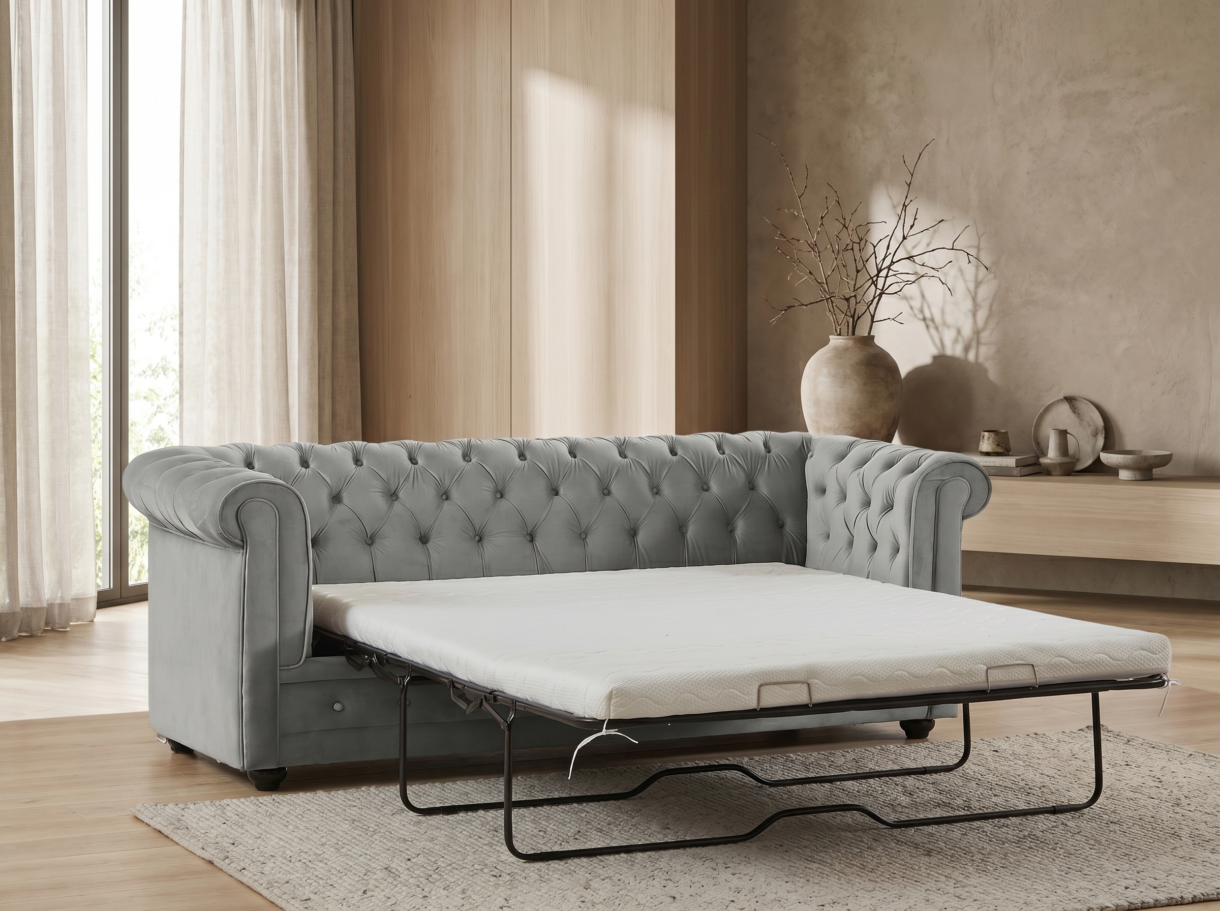 Capitonnage du canapé chesterfield convertible WINSTON velours gris clair