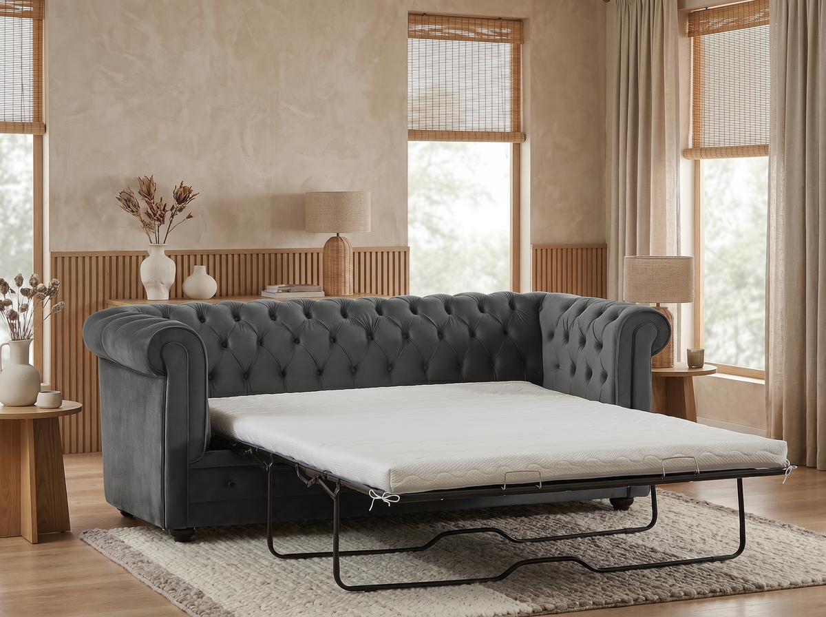 Capitonnage du canapé chesterfield convertible ABBOTT en velours gris anthracite