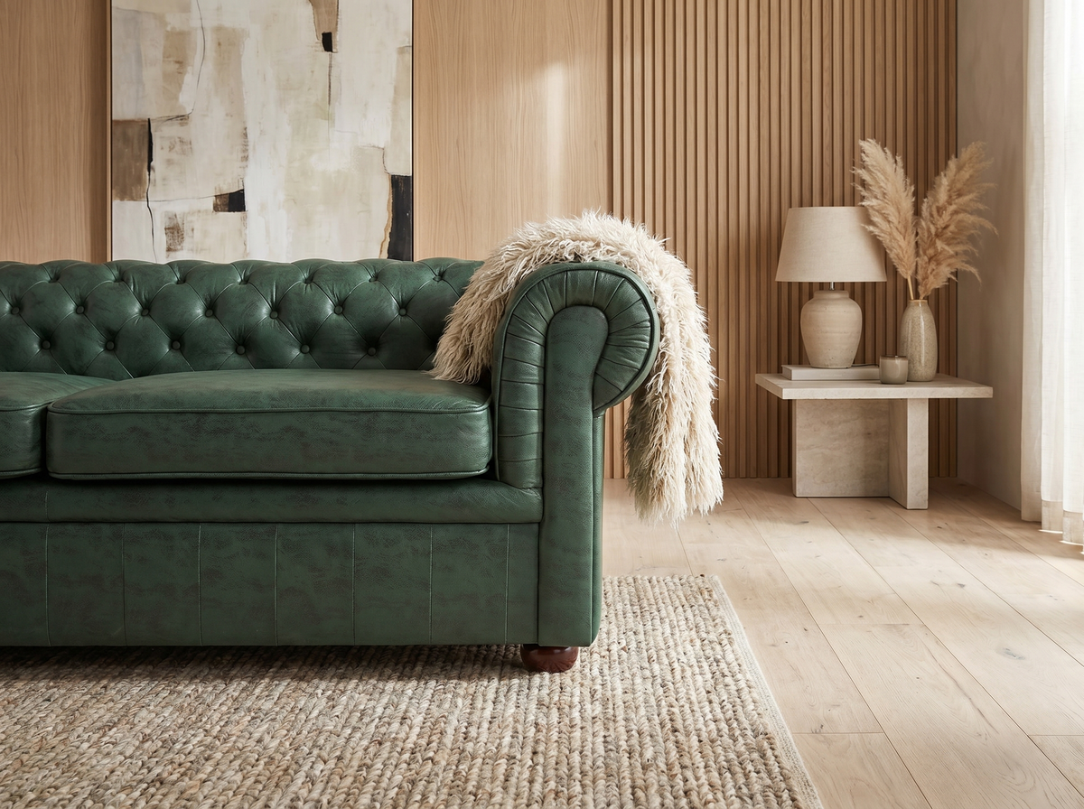 Capitonnage du canapé chesterfield BRAMPTON 3 places simili vert