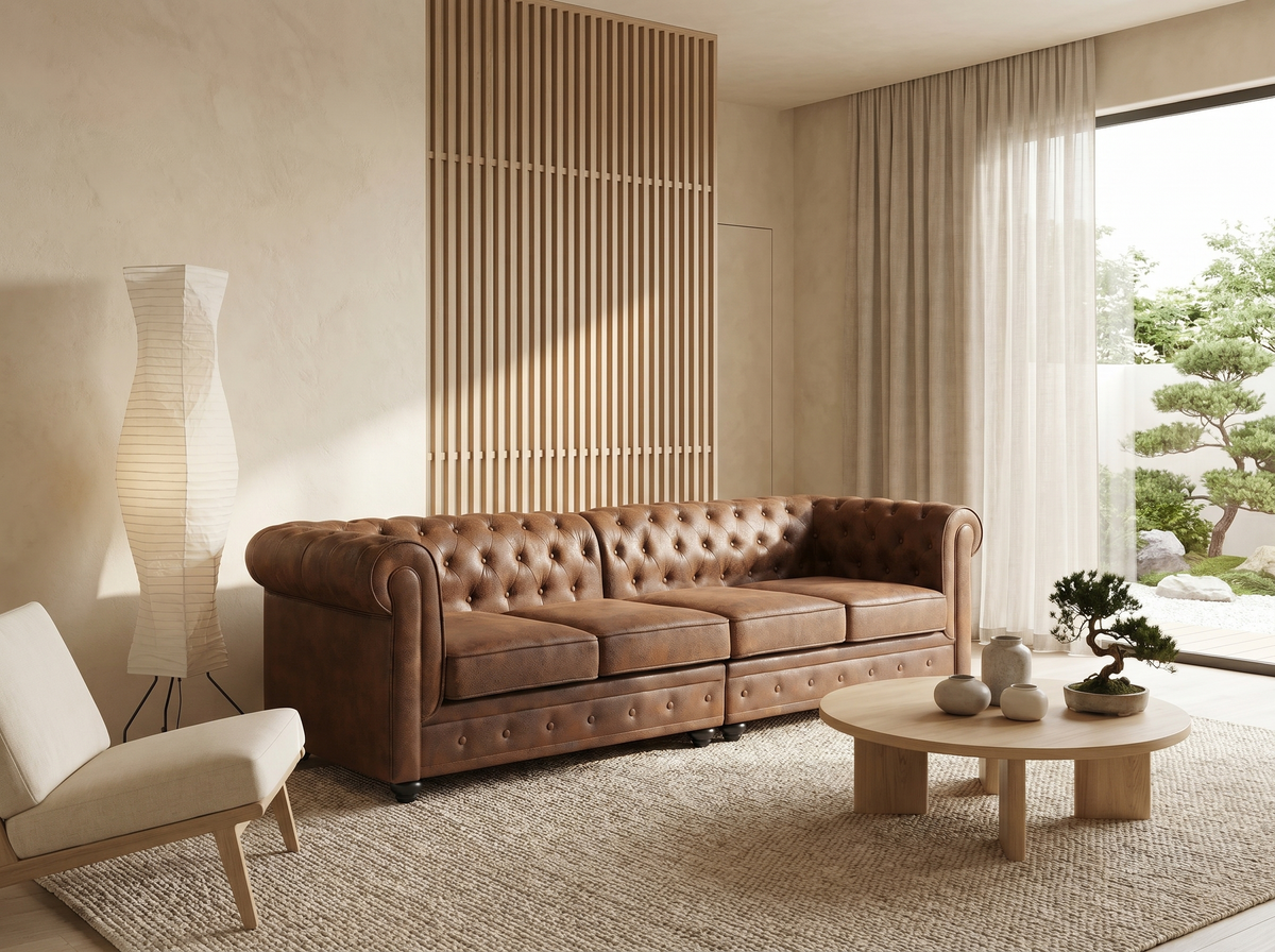 Capitonnage du canapé chesterfield CARLTON 4 places microfibre marron