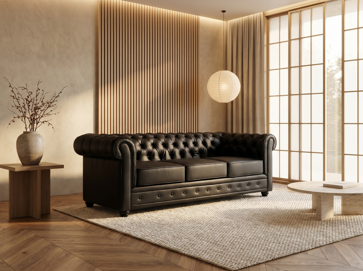 Vue d'ensemble du canapé chesterfield IRVING 3 places simili cuir noir