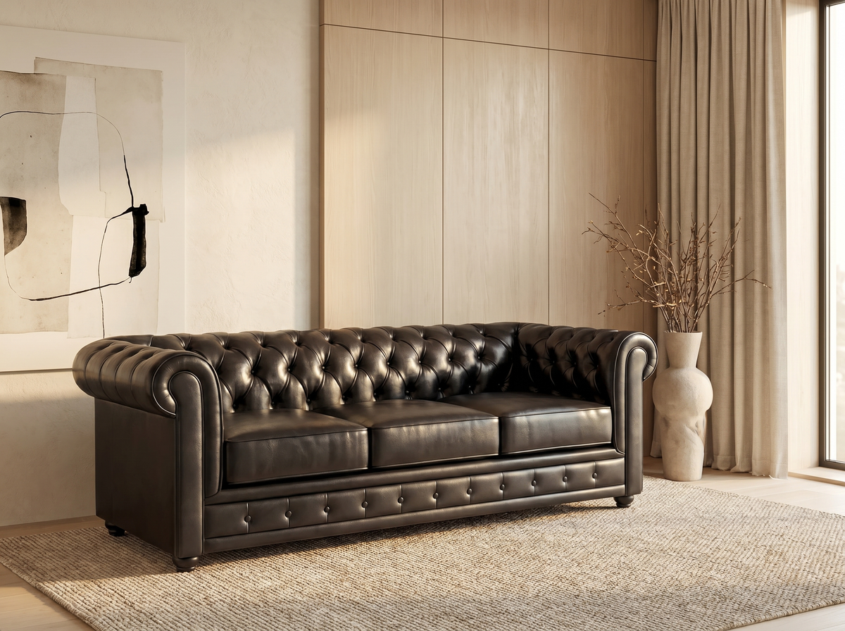 Capitonnage du canapé chesterfield IRVING 3 places simili noir