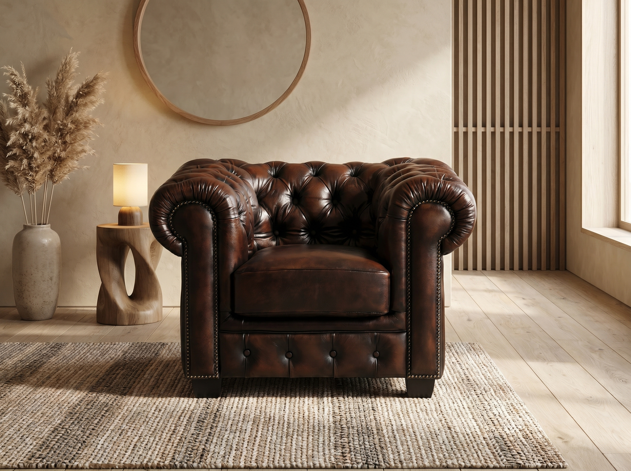 Vue d'ensemble du fauteuil club chesterfield BRENTON marron chocolat
