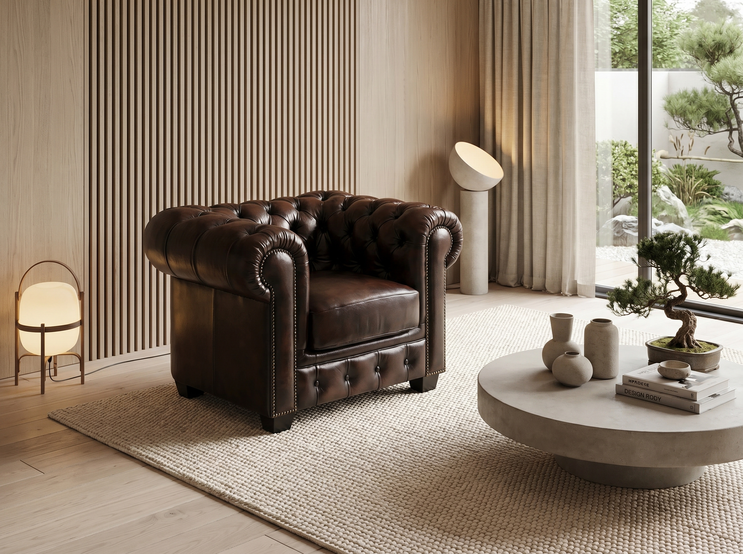 Capitonnage et accoudoirs cloutés du fauteuil chesterfield BRENTON marron chocolat