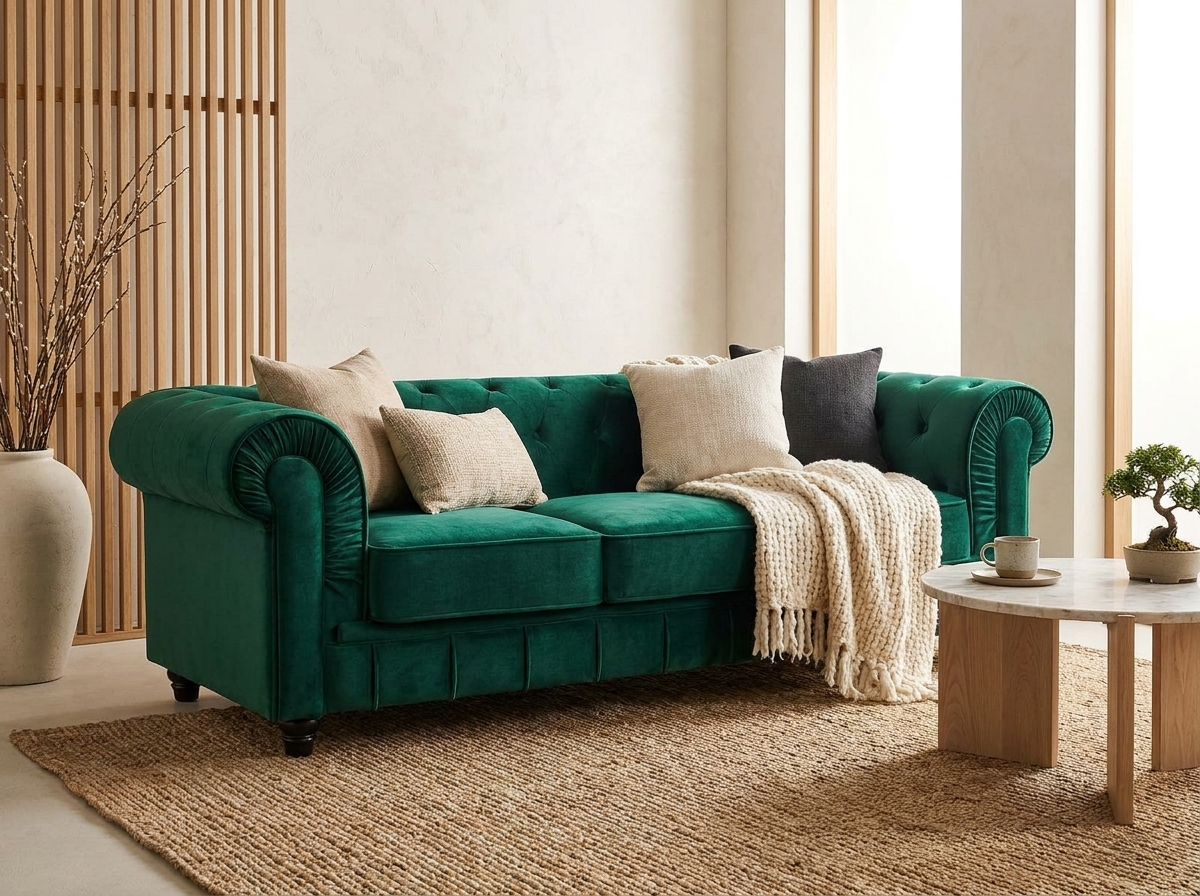 Vue d'ensemble du canapé chesterfield WINDSOR 3 places velours vert