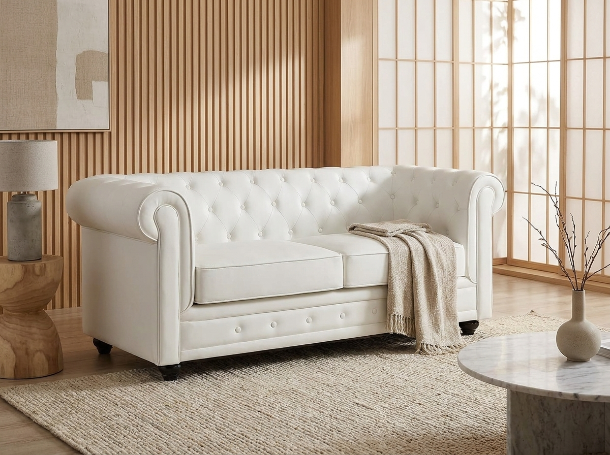 Capitonnage du canapé chesterfield IRVING 2 places simili blanc