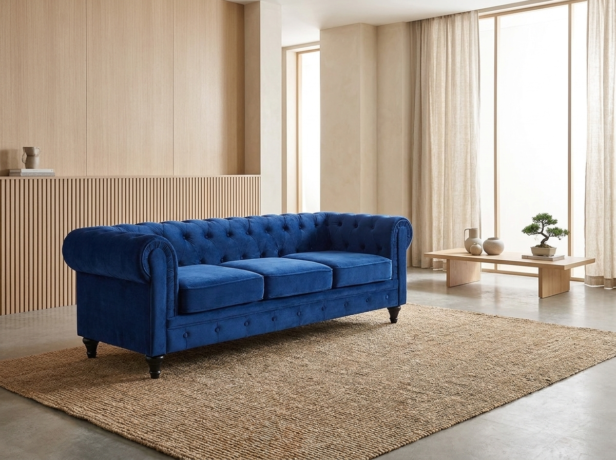 Vue d'ensemble du canapé chesterfield ONSLOW 3 places velours bleu
